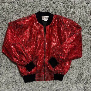 Retro 80s Red Sequenced Bomber Jacket Size XL